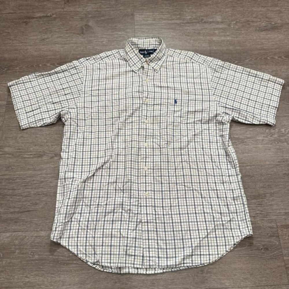 Vintage Ralph Lauren Shirt Men Large Blue Plaid Blaire Windowpane‎ Short Sleeve